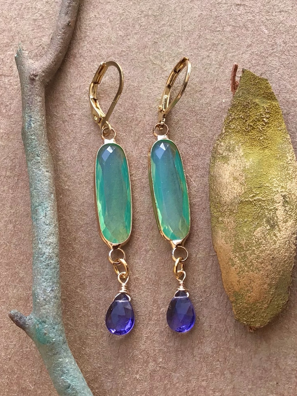 Blue mint chalcedony bezel tanzanite quartz gold plated Earrings - Picture 6 of 13
